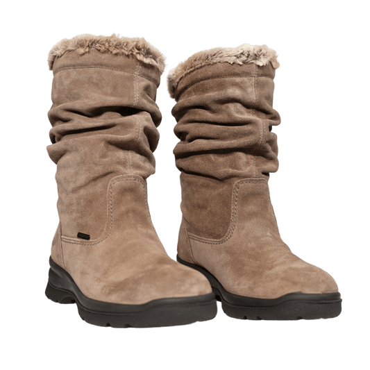 Botte Pamela en cuir beige, élégantes et confortables, fabriquées en Italie pour les tenues hivernales.
