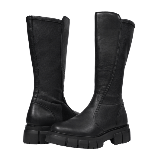 Bottes hautes noires en cuir, élégance italienne avec semelle épaisse pour un confort optimal et une adhérence parfaite.